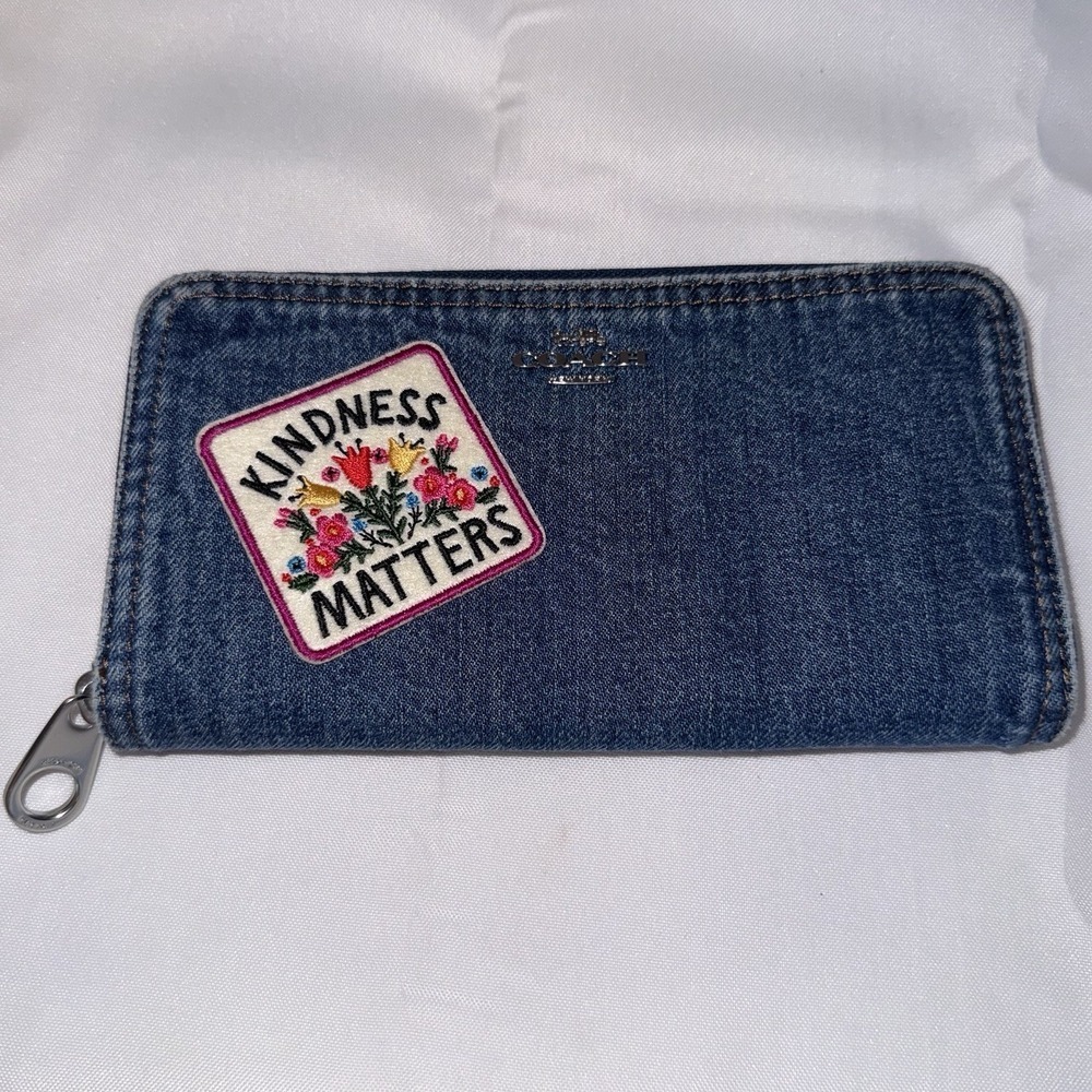 Coach Long Zip Around Wallet In Blue Denim Jean CAO79 UpCycled Patch
